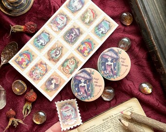 May include: A rectangular sheet of perforated postage-style stickers featuring various mushroom-themed illustrations, two circular sticker rolls labeled Fungi Folk Stamps, and one individual rectangular stamp, all displaying whimsical forest-inspired art.