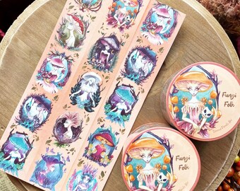 May include: A roll of decorative tape and two circular sticker containers featuring Fungi Folk illustrations. The designs depict stylized figures with mushroom-shaped heads in various colors, including blue, purple, and orange, set against dark, intricate forest backgrounds.
