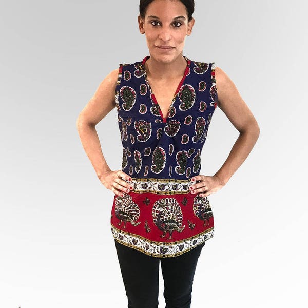 Blouse ethnique tissu africain WAX 100% coton violet et rouge