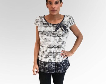 blouse tunique ethnique tissu wax noir et blanc avec petit noeud