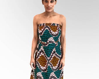 Ethnic bustier dress in wax fabric blue and brown patterns for the city or beach