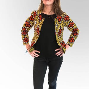 Veste ethnique en tissu wax 100 % coton multicolore à dominante jaune et orange image 2