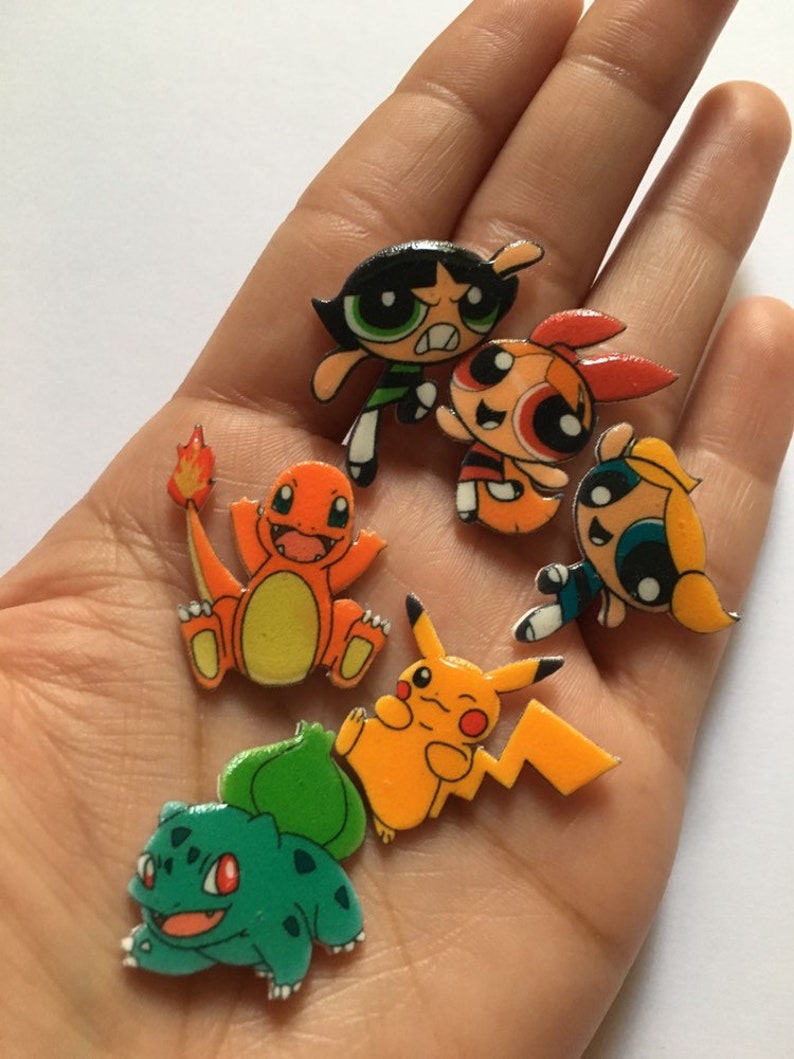 Handmade enamel pins pokemon/power puff girl shrink film pins Etsy