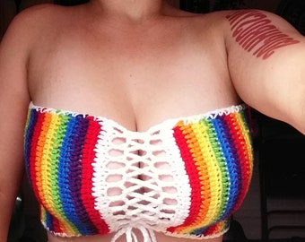 Häkeln Schnürung Regenbogen Tube Top / LGBTQ Crop Top