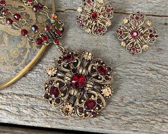 Vintage Avon Red Rhinestone Maltese Cross Festoon Necklace And Clip On Earring Set