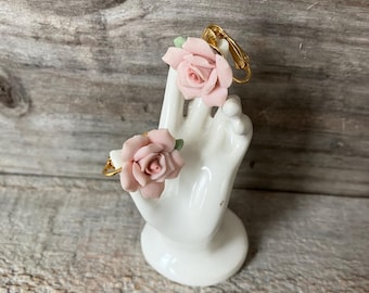 Vintage Pink Porcelain Rose Gold Tone Clip On Earrings 1990s