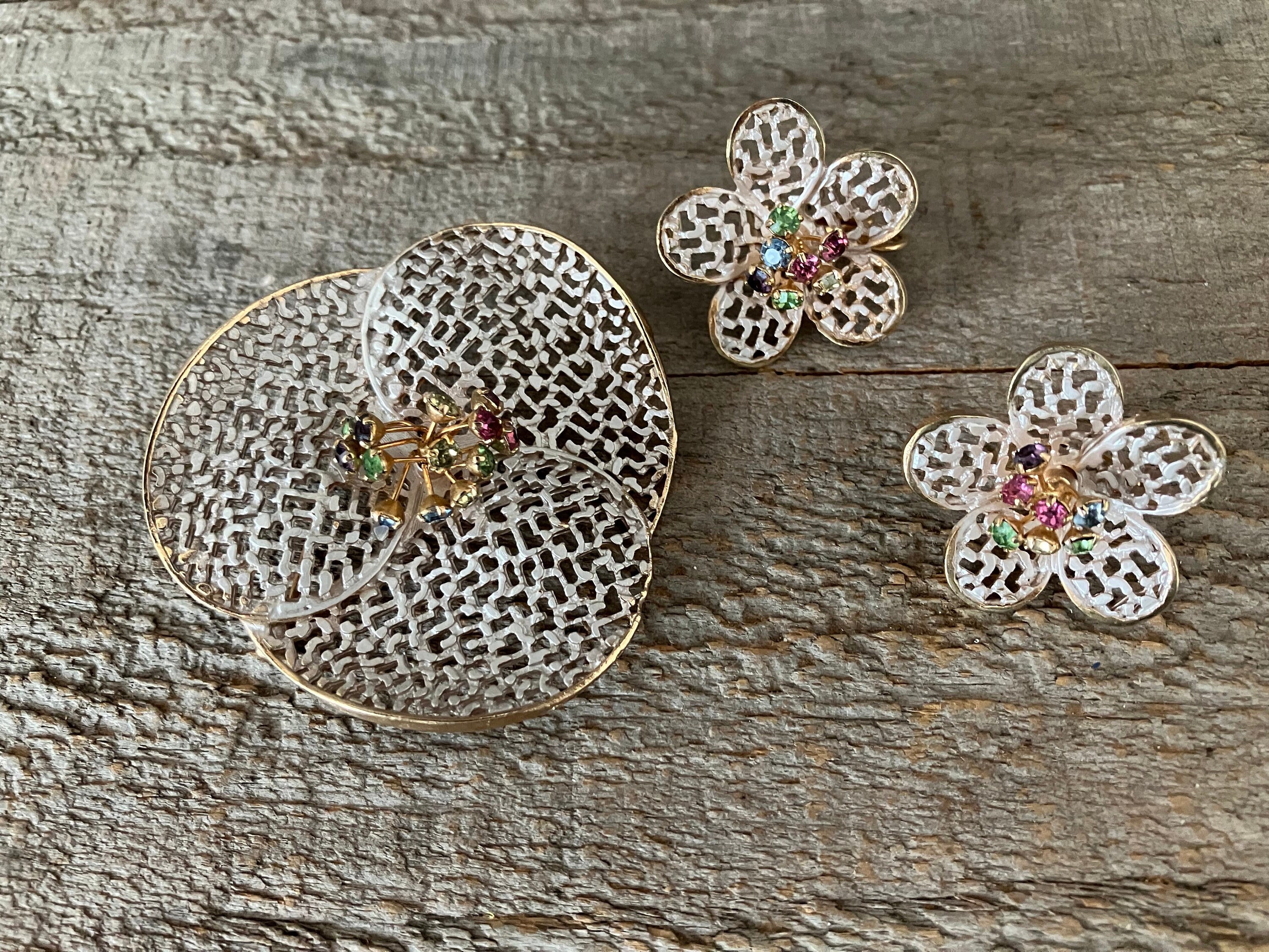 Vintage MCM Gold And Silver Tone Tutti Frutti Rhinestone Flower Brooch Pin and Clip Earring Set