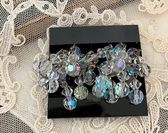 Vintage Unsigned Statement Drippy Beaded Cluster Clip On Earrings 1960s 1950s Retro AB Crystal