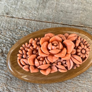 Antique Art Deco Coral Celluloid Flower and Wooden Pin Brooch