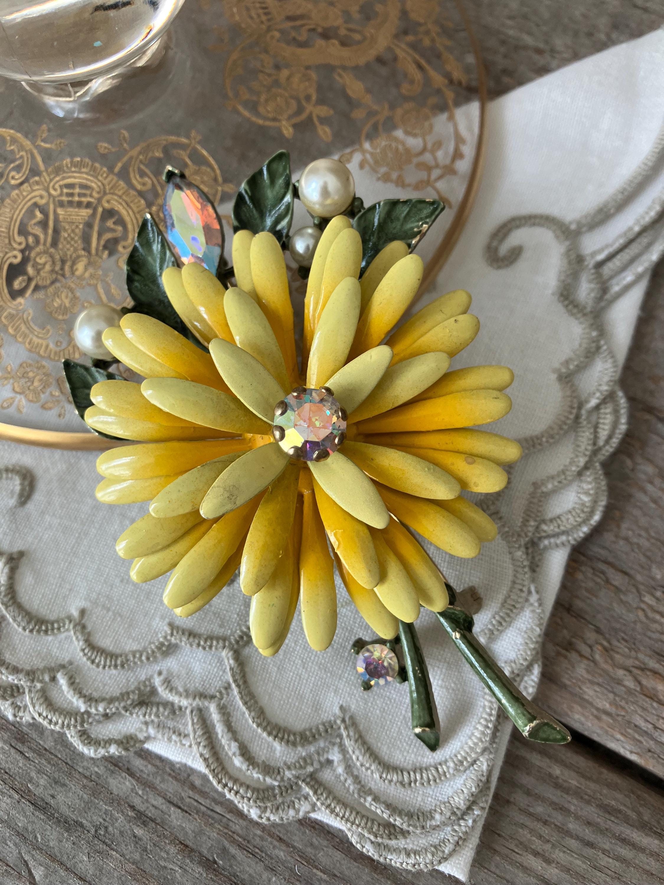 Vintage Lisner Yellow Enamel Daisy Flower Brooch with Faux Pearls and AB Rhinestones Statement Signed