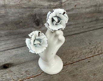 Vintage Signed Coro White and Black Enamel Carnation Flower Clip On Earrings