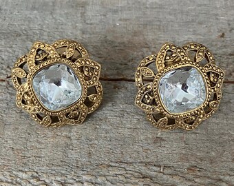 Vintage Statement Avon Clear Rhinestone Over Size Clip on Earrings Glamour Gold Tone