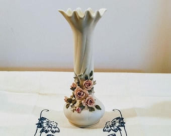 Lefton Applied Pink Roses and Blue Flowers Ruffled Rim Vase; Vintage Lefton, Vintage Vase; Applied Pink Roses, Blue Flowers,Hand Painted