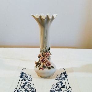 Lefton Applied Pink Roses and Blue Flowers Ruffled Rim Vase; Vintage Lefton, Vintage Vase; Applied Pink Roses, Blue Flowers,Hand Painted