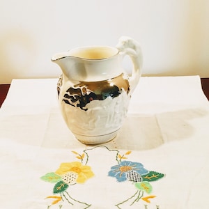 Wedgwood D&#39;Ye Ken John Peel Pattern Pitcher, Raised Hunt Scenes with Platinum Bands and Background; Vintage Wedgwood of Etruria & Barlaston