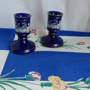 Cobalt Blue Porcelain Candle Holder with Classical Design- Set of 2; Vintage Candlestick, Porcelain Candlestick, Classical Greek Roman Print