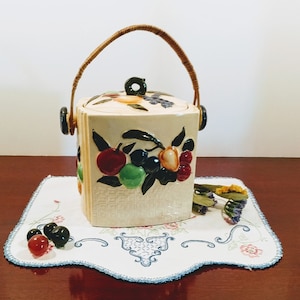 Vintage Large Cookie Jar Biscuit Barrel with Rattan Handle, Fruits Motif; Vintage Cookie Jar, Vintage Biscuit Barrel, Raised Fruits Motif