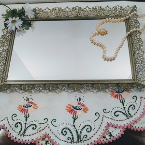Vintage Silver Metal Filigree Dressing Table Mirror with Removable Back; Vintage Dressing Table Mirror, Silver Metal Filigree