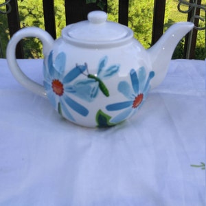 Burton & Burton Blue Flowers and Butterflies Hand Painted Teapot; Vintage Teapot, Blue Flowers and Butterflies Teapot, Full Size Teapot