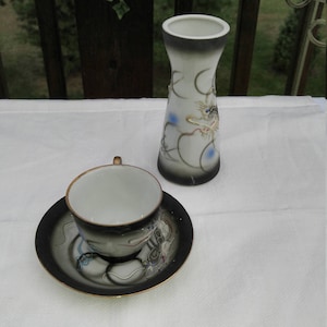 Dragonware Moriage 5 Inch Vase, Cup and Saucer Set
