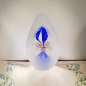 Gorgeous Art Glass Hand Blown Glass Paperweight with Clear Glass Windows Surrounded By Frosted Glass; Vintage Art Glass Paperweight, Blue