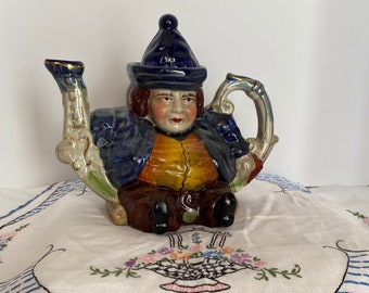 Antique Toby Parliament Judge Teapot, Full Size, Staffordsmire; Antique Teapot, Figural Teapot, Full Color, Hand Glazed, Full Size