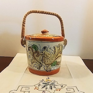 Vintage Japan Biscuit Barrel Cookie Jar with Rattan Handle; Vintage Biscuit Barrel, Vintage Cookie Jar, Lidded Cookie Jar, Rattan Handle
