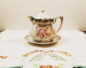 Antique RS Prussia Lidded Serving Pitcher with Underplate, Hand Painted Tulips with Gold Trim Antique RS Prussia,Antique Porcelain, Serving