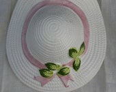 Shabby Chic Ceramic Straw Hat Pink Ribbon Wall Pocket Planter