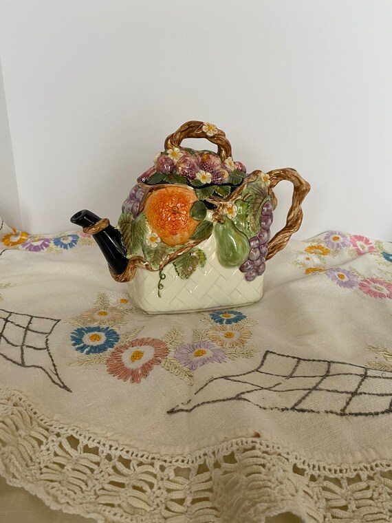 Fruit Basket Figural Teapot, Full Size; Vintage Teapot, Full Size Teapot, Figural Teapot, Fruit Basket Form, Hand Painted, Hand Glazed