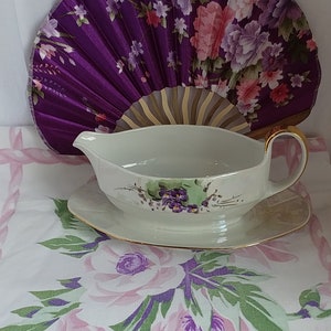 Zeh Scherzer Bavaria Hand Painted Violets Iridescent Gravy Serving Boat with Attached Saucer; Vintage ZS & Co, Vintage Bavaria Serving Dish