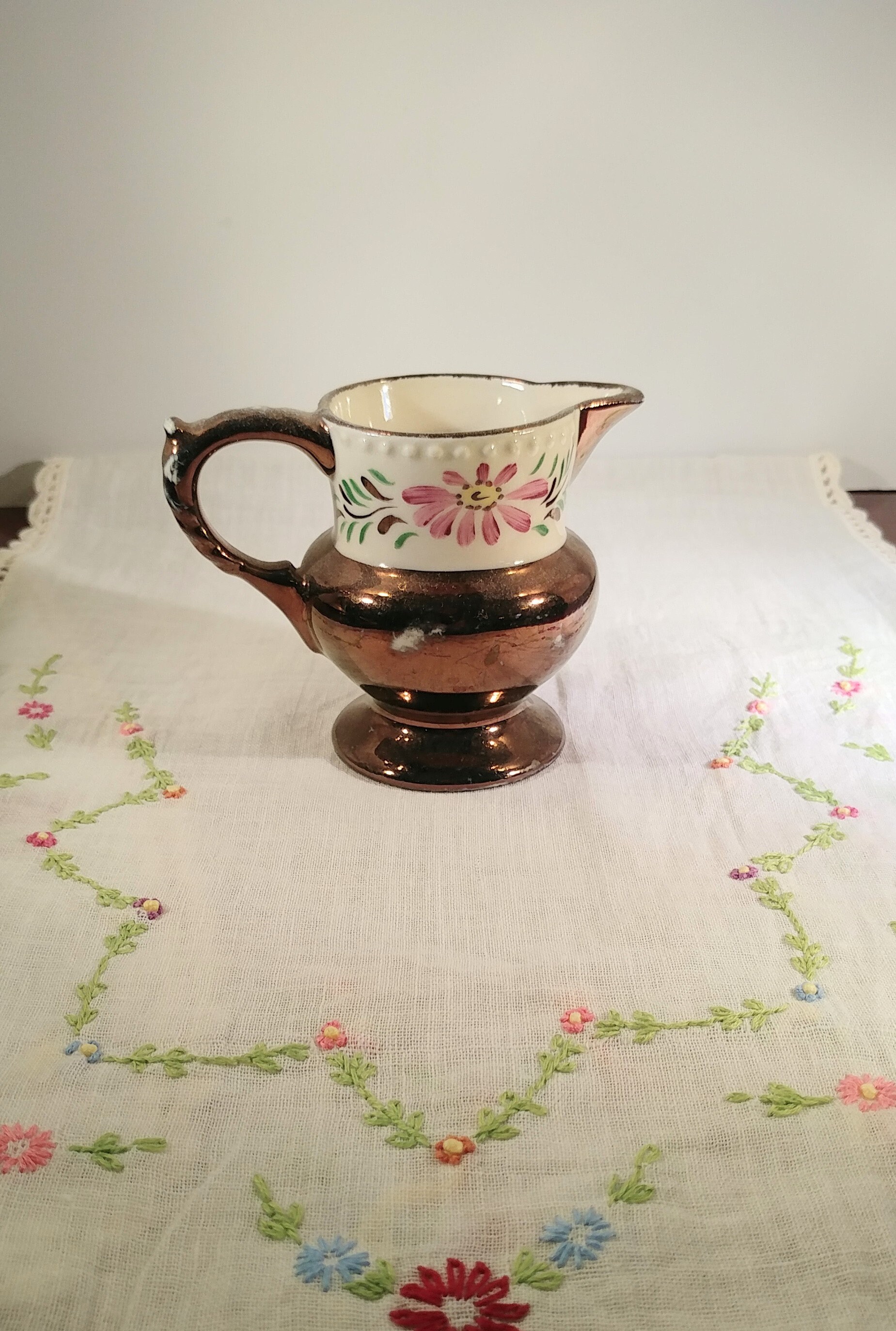 Antique English Copper Luster Pedestal Creamer Jug with Hand Painted Flower Design; Antique Copper Luster, Antique Creamer Jug, Pedestal