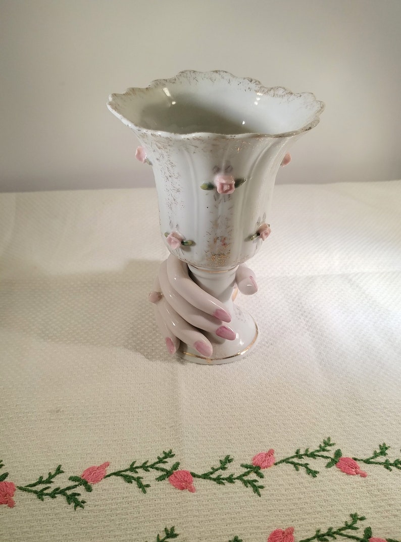 Lefton Lady's Hand Goblet Vase With Hand Formed Flowers Etsy