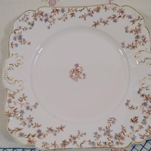 May include: A white square plate with a gold rim and a delicate floral pattern in shades of blue and brown. The plate has a scalloped edge and a small floral design in the center.