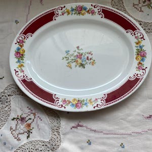 Vintage Mid Century Homer Laughlin Majestic Pattern Oval Serving Platter, Multi Floral with Red Bands, Majestic Pattern Number F39 N6