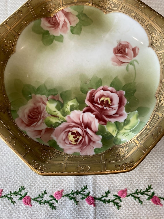 Antique Hand Painted Roses Handled Plate With Gold Trims and