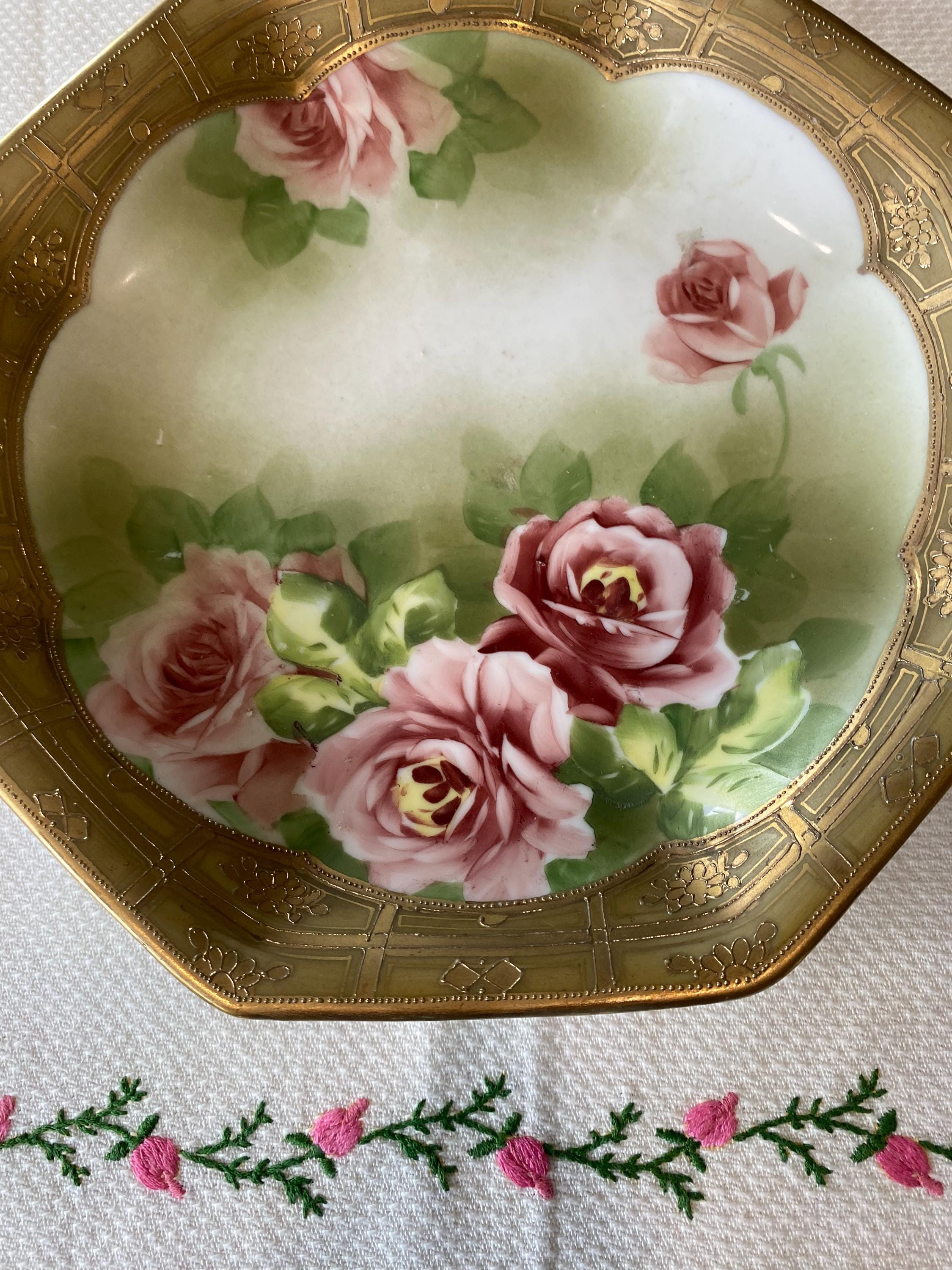Antique Hand Painted Roses Handled Plate With Gold Trims and