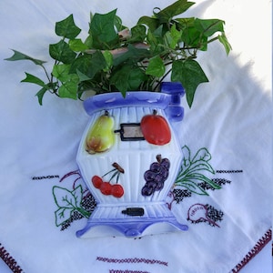 Vintage Pot Belly Stove with Fruit Motif Wall Pocket; Vintage Sonsco Japan Wall Pocket, Wall Planter, Wall Vase, Pot Belly Wood Stove