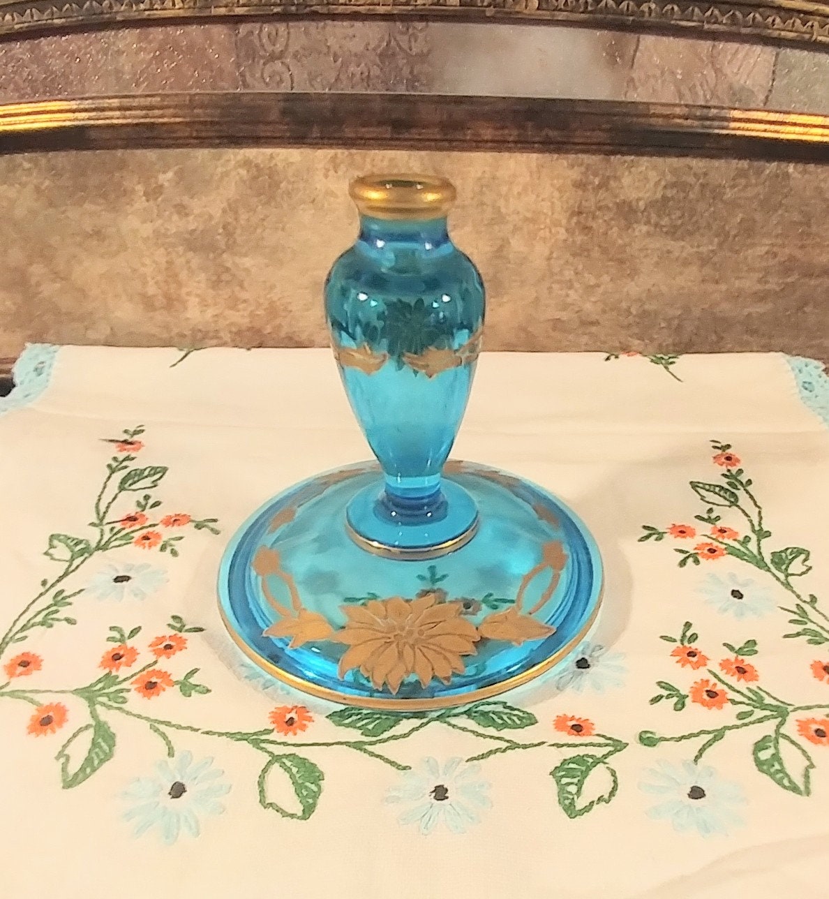 Antique Blue Bohemian Glass Candle Holder With Gold Floral Etsy