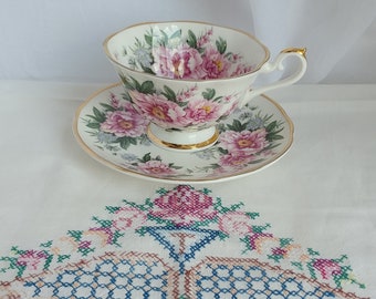 Crown Victorian Bone China Footed Cup and Saucer Set; English Bone China, Vintage Crown Victorian, Floral Design, Cup and Saucer Set
