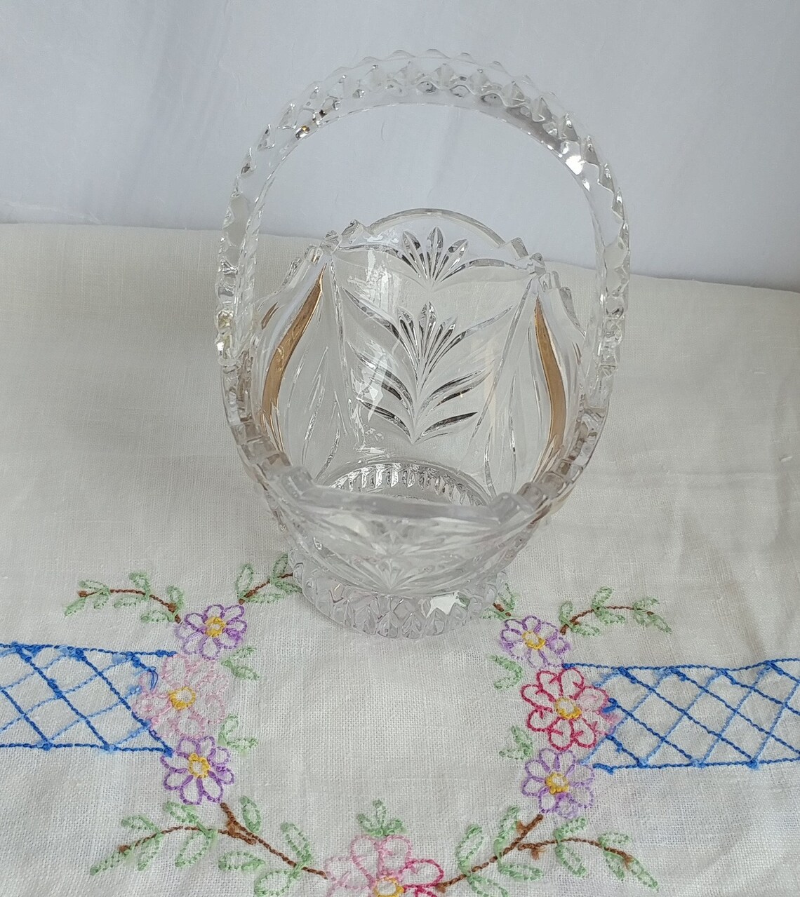 Vintage Handled Crystal Glass Brides Basket With Gold Trim Etsy