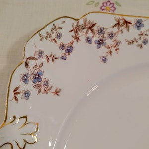 May include: A white porcelain plate with a gold rim and a delicate floral design featuring blue and brown flowers. The plate has a scalloped edge.