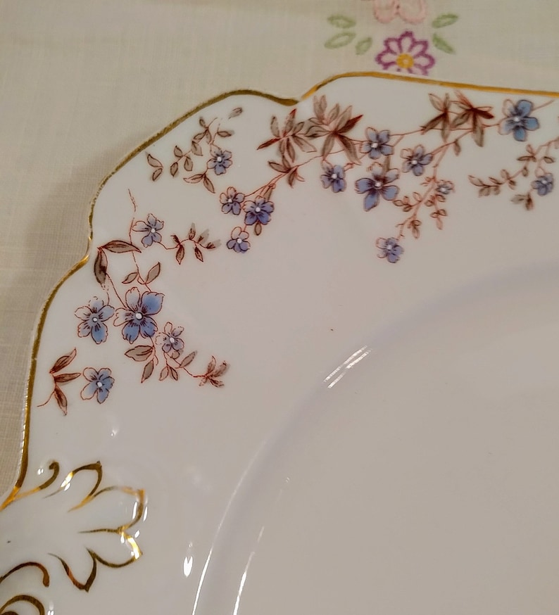 May include: A white porcelain plate with a gold rim and a delicate floral design featuring blue and brown flowers. The plate has a scalloped edge.