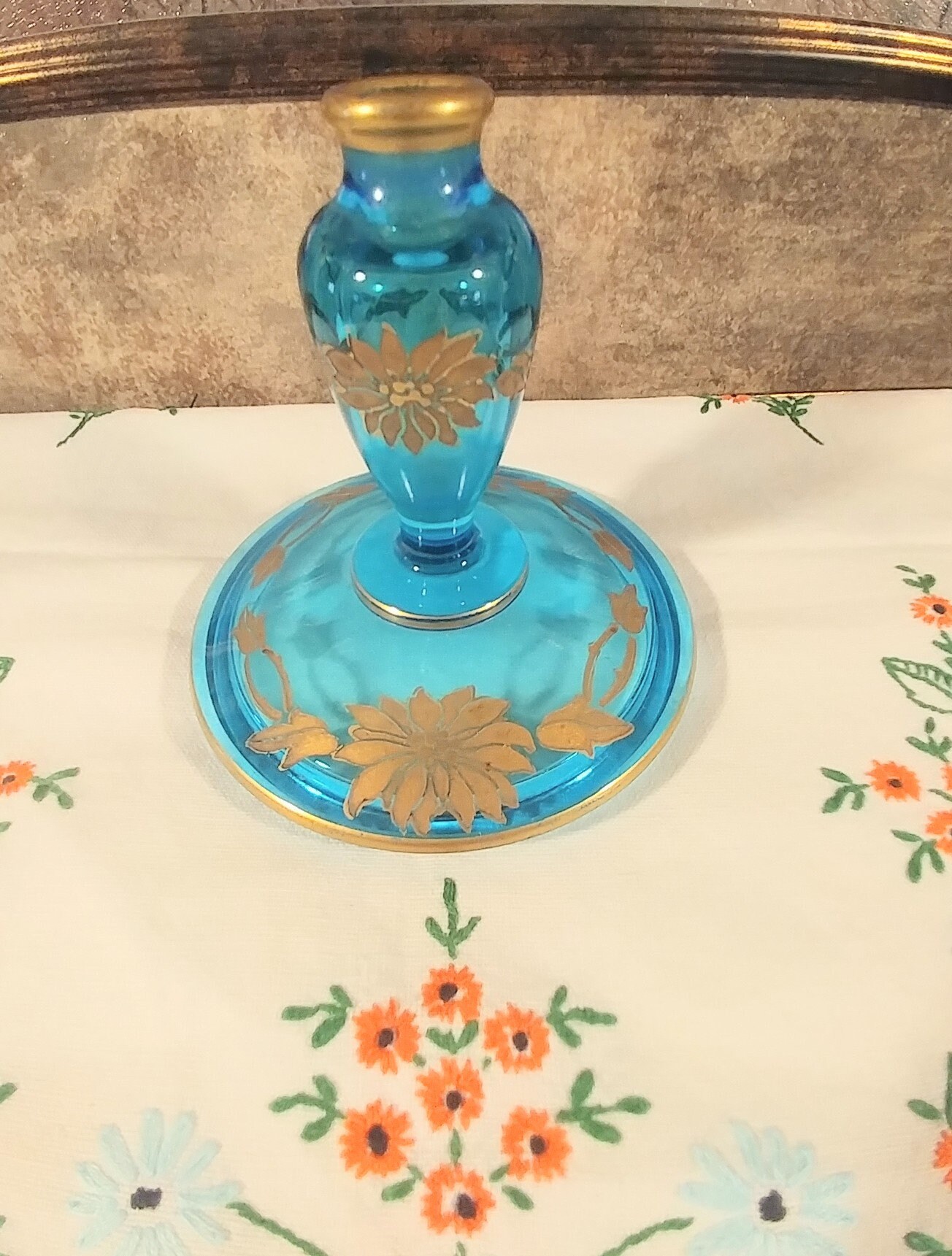 Antique Blue Bohemian Glass Candle Holder With Gold Floral Etsy