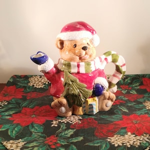 Teddy Bear Christmas Teapot; Vintage Teapot, Figural Teapot, Christmas Teapot, Holiday Teapot, Teddy Bear Teapot, Hand Glazed, Hand Painted