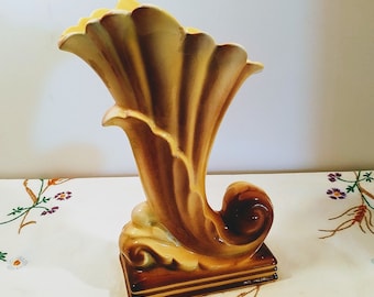 Vintage Standing Scroll Cornucopia Vase; Vintage Vase, Vintage Pottery Vase, Standing Scroll Vase, Yellow with Brushed Light Brown Glaze