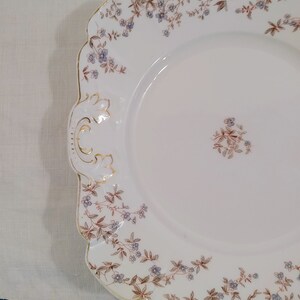 May include: A white porcelain serving platter with a scalloped edge and a floral design in shades of brown and blue. The platter has a gold trim and a raised design on the handle.