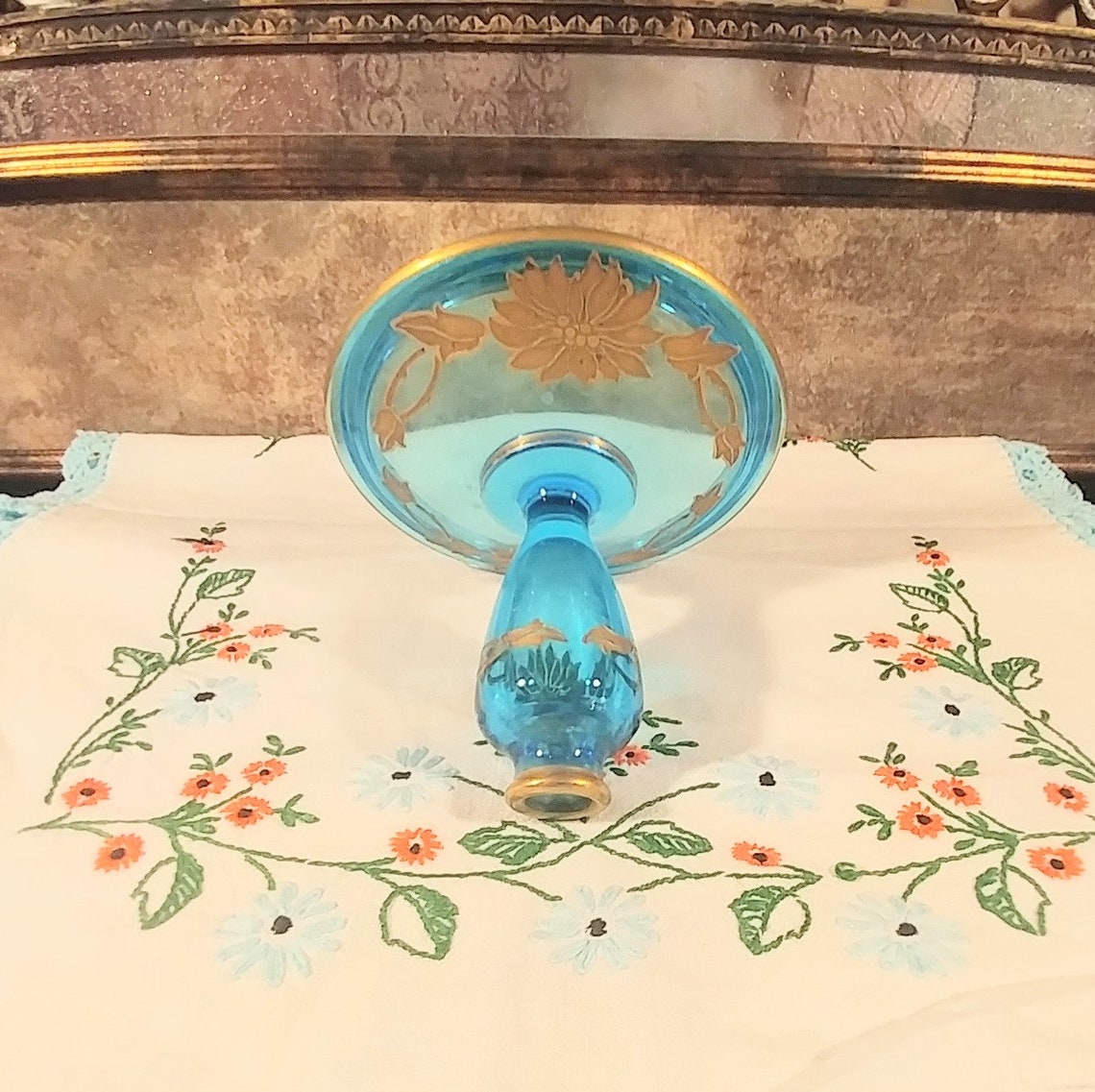 Antique Blue Bohemian Glass Candle Holder With Gold Floral Etsy
