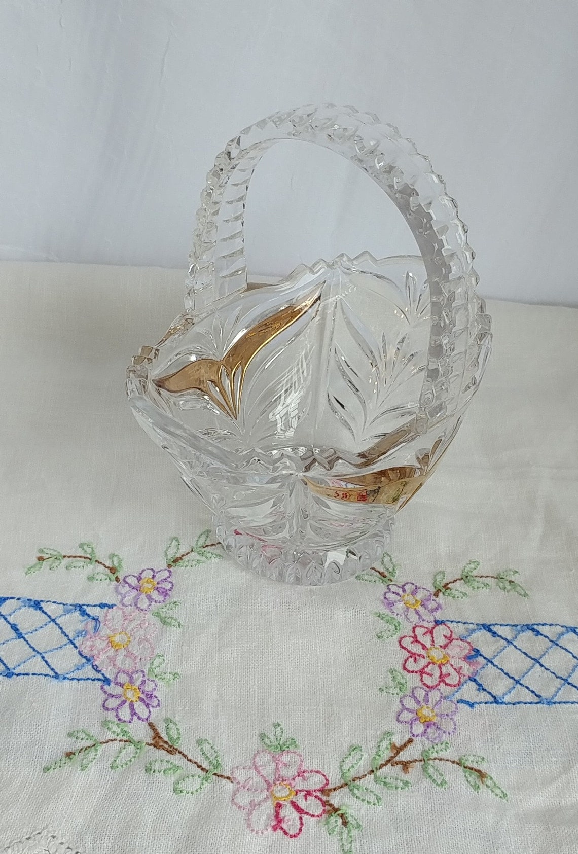 Vintage Handled Crystal Glass Brides Basket With Gold Trim Etsy