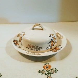 Puede incluir: Un mantequillero vintage blanco con un dise&ntilde;o floral en tonos marrones, amarillos y negros. El mantequillero tiene una tapa con asa y se asienta sobre un plato a juego.